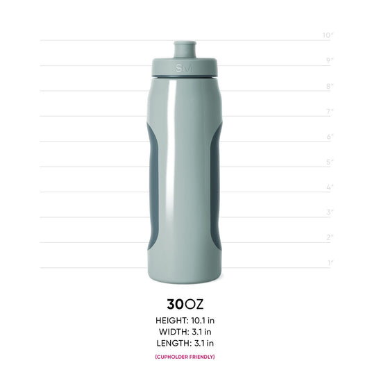 Sage green squeezy water bottle with dark teal grip panels on sides, product measurement reference image