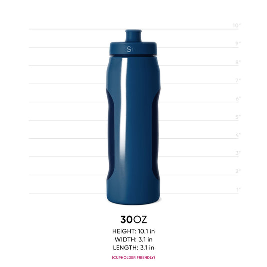 Deep teal water bottle with glossy finish and white reflections on curved surface