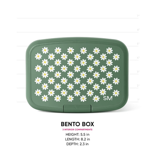Sage green bento box with white daisy pattern, front view with measurement scale. Three interior compartments. 5.5"H x 8.2"L x 2.3"D.