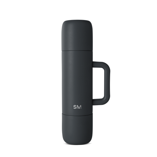 Dark charcoal gray insulated beverage flask with cylindrical shape, sleek modern design, and clean lines