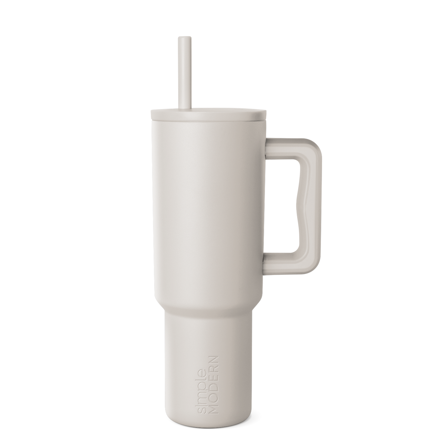 Beige signature tumbler with handle and straw on neutral background