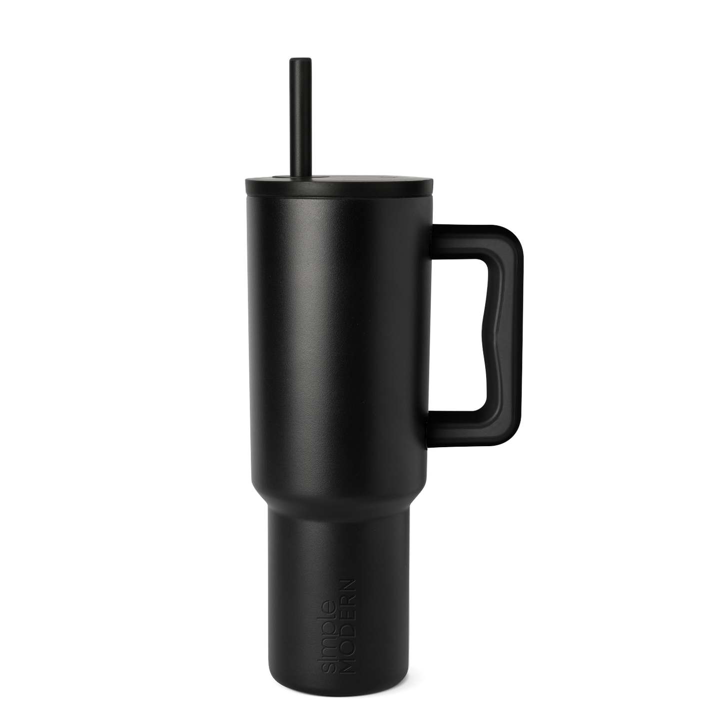 Matte black tumbler with gray tonal variations on white background
