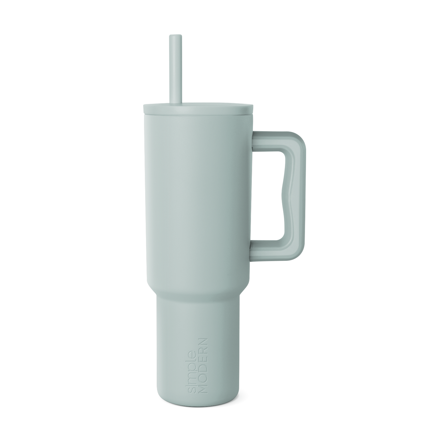 Sage green signature tumbler with handle and reusable straw, displayed on white background. Modern drinkware design with soft muted color and cylindrical shape.