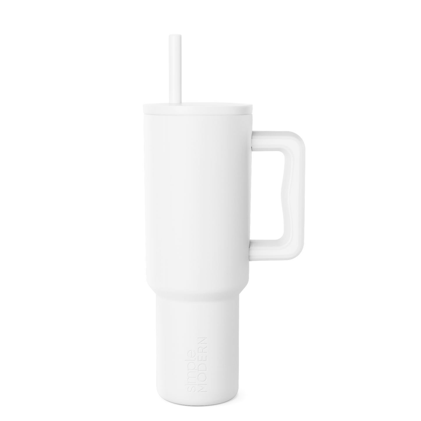 White insulated tumbler with matching white straw on light gray background