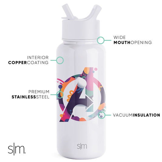 White minimalist bottle with magenta pink graphic design wrapping around the central body, featuring vibrant secondary colors in a clean product presentation.