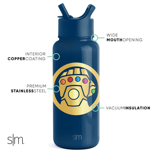 Deep navy blue water bottle with dual-straw lid and bright golden yellow circular medallion on front center