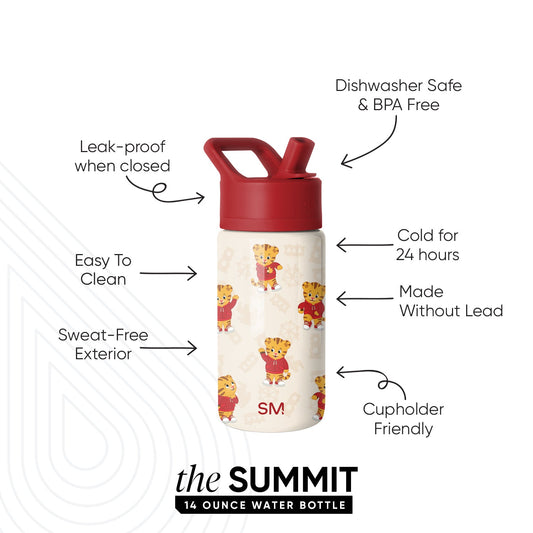 Cream 14-ounce Simple Modern Summit water bottle with red lid, decorated with yellow tiger characters. Features labeled: leak-proof, dishwasher safe, BPA-free, cold 24 hours, sweat-free exterior, cupholder friendly.