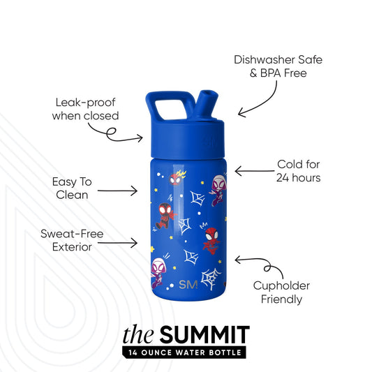 Simple Modern Summit 14-ounce water bottle in royal blue with Spider-Man illustrations, featuring a flip-top cap and carry handle. Product highlights include dishwasher safe, leak-proof, cold for 24 hours, and sweat-free