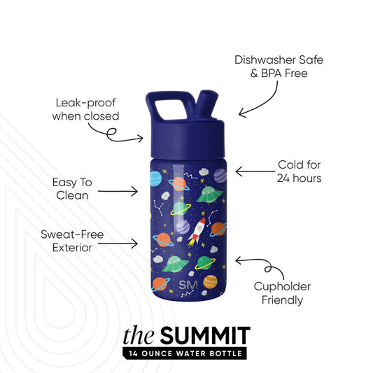 Simple Modern Summit 14 ounce navy blue water bottle with colorful space-themed design including planets, rockets, and stars. Features leak-proof flip-top cap, dishwasher safe, BPA free, keeps drinks cold 24 hours,