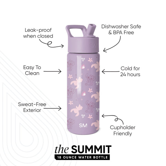 Simple Modern Summit 18 oz water bottle in mauve purple with woodland and celestial pattern. Features leak-proof design, dishwasher safe, keeps drinks cold 24 hours, cupholder friendly, and sweat-free exterior.
