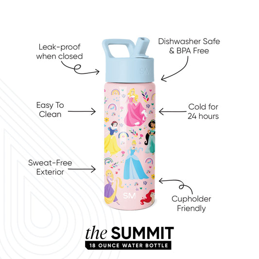 Simple Modern Summit 18-ounce water bottle with light blue spill-proof lid on blush pink background, featuring Disney princess characters and colorful illustrations, with labeled features including leak-proof, dishwasher