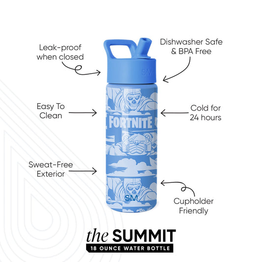 Blue Simple Modern Summit 18 oz water bottle with Fortnite graphics. Features include leak-proof cap, dishwasher safe, BPA free, keeps drinks cold 24 hours, sweat-free exterior, and cupholder friendly design.