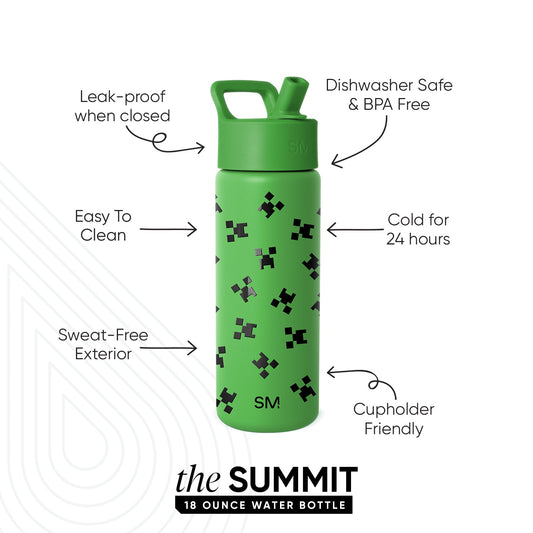 Bright green Simple Modern water bottle with black pixel-art icons, wide-mouth cap, and carry handle. Features labeled: leak-proof, dishwasher safe, BPA-free, keeps drinks cold 24 hours, sweat-free exterior, and cupholder