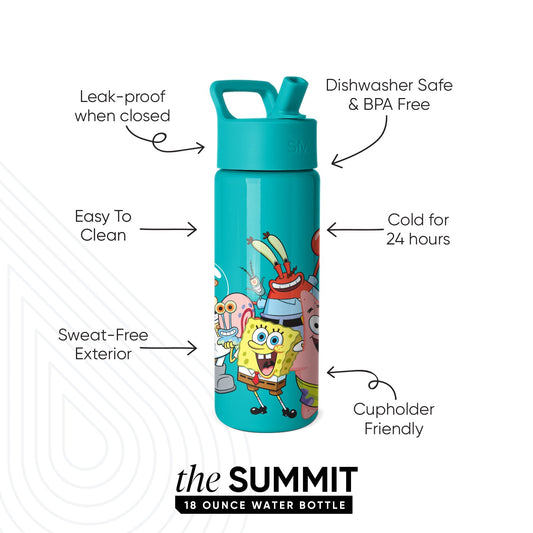 Turquoise Simple Modern Summit 18-ounce water bottle featuring SpongeBob SquarePants characters with product feature callouts including leak-proof, dishwasher safe, and cold for 24 hours on white background.