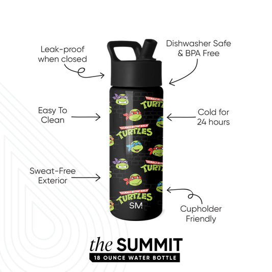 Simple Modern Summit 18-ounce black water bottle with Teenage Mutant Ninja Turtles design featuring colored character masks. Features include leak-proof, dishwasher safe, 24-hour cold retention, and sweat-free exterior.