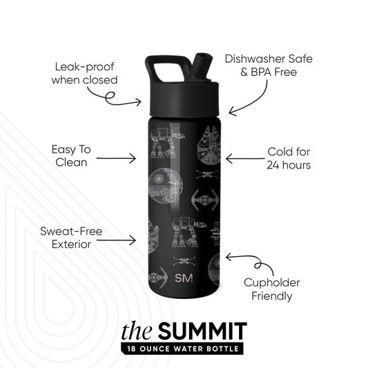 Simple Modern Summit 18 ounce black water bottle with Star Wars graphics, featuring leak-proof, dishwasher safe, cold for 24 hours, cupholder friendly, and sweat-free exterior callouts.
