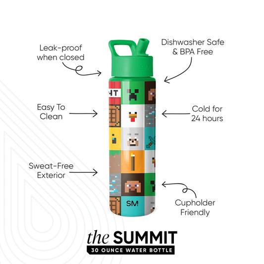 Simple Modern Summit 30-ounce water bottle with Minecraft-themed pixel art design in green, brown, and red. Green carry handle and cap. Features labeled: leak-proof, dishwasher safe, keeps drinks cold 24 hours, cupholder