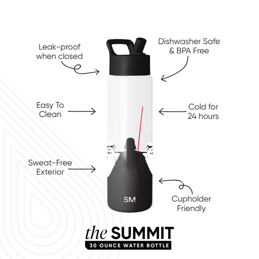 White and black Simple Modern Summit 30 oz water bottle with red lightsaber stripe and Stormtrooper graphics. Features include leak-proof, dishwasher safe, cold for 24 hours, and sweat-free exterior.