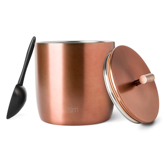 Rose gold metallic ice cream scoop with brushed finish and matching lid, featuring warm rose gold tones with subtle light reflections.