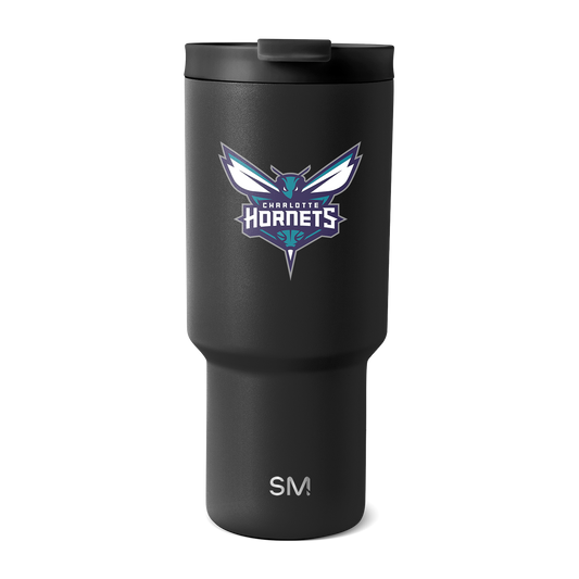 Matte black insulated tumbler with tapered cylindrical design, wide upper portion and narrow base, centered on white background