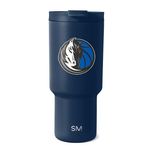 Navy blue insulated tumbler with white graphics, featuring a professional design on a deep saturated background.