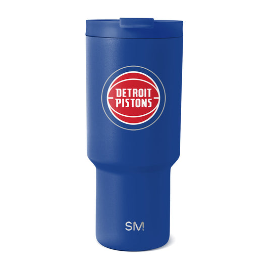 Royal blue insulated tumbler with stepped cylindrical design on white background