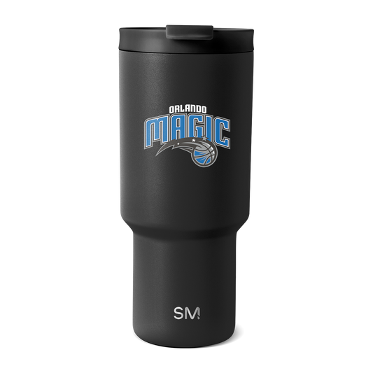Matte black tumbler with bright blue and white Orlando Magic logo and SM branding accents