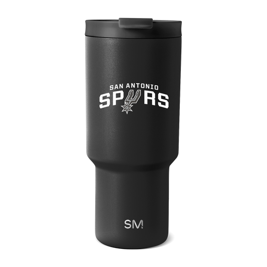 Black matte textured tumbler with metallic finish and white accents