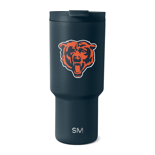 Dark teal tumbler with Chicago Bears logo featuring orange, red, white, and dark tones on the front