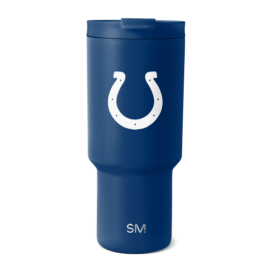 Navy blue matte finish tumbler with white graphic design