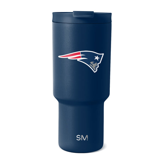 Deep navy blue tumbler with New England Patriots logo featuring bright red wing stripes and white outlines and accents