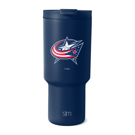 Deep navy blue tumbler with bright red and white accents, professional design