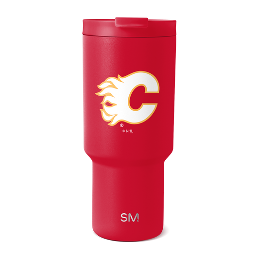 Red insulated drinkware with white, gold, and orange team logo graphic, featuring a handle and lid, product view on white background.