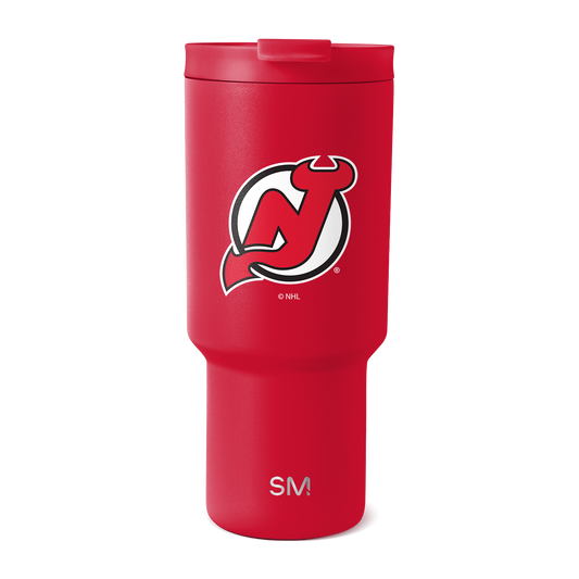 Red tumbler with white logo and SM branding, featuring black and gray accents