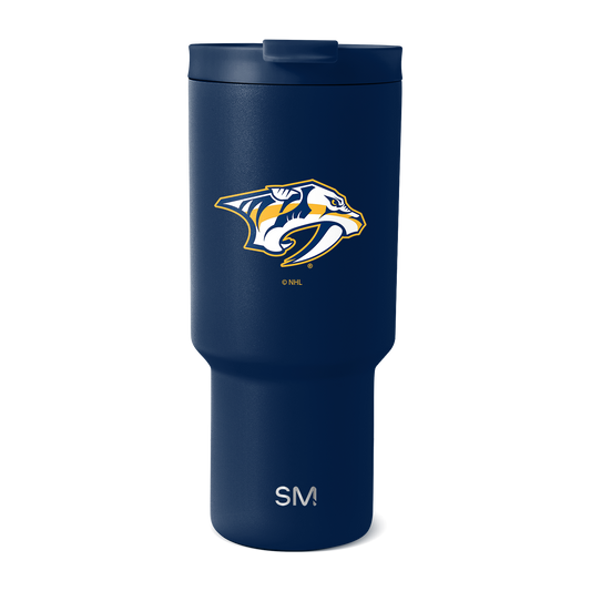 Navy blue insulated tumbler with white, gold, and yellow team logo and branding on the front