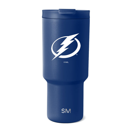 Navy blue insulated tumbler with white logo and branding on front, displayed against navy blue background.