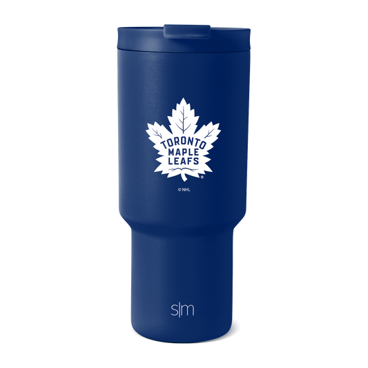 Navy blue tumbler with white logo and branding accents