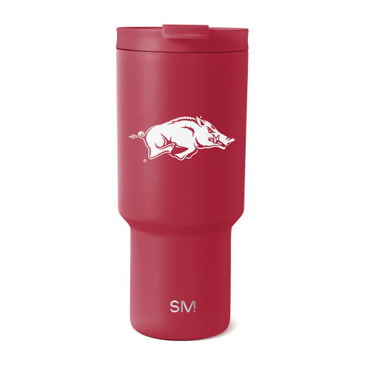 Burgundy tumbler with white logo and branding, featuring a warm and sophisticated design
