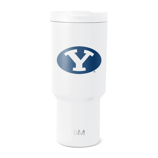 White insulated tumbler with navy blue oval logo on front, displayed against white background