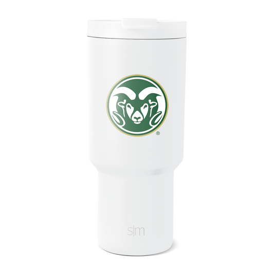 White cylindrical insulated tumbler with tapered design, wider at top, photographed against plain white background in minimalist product photography style.