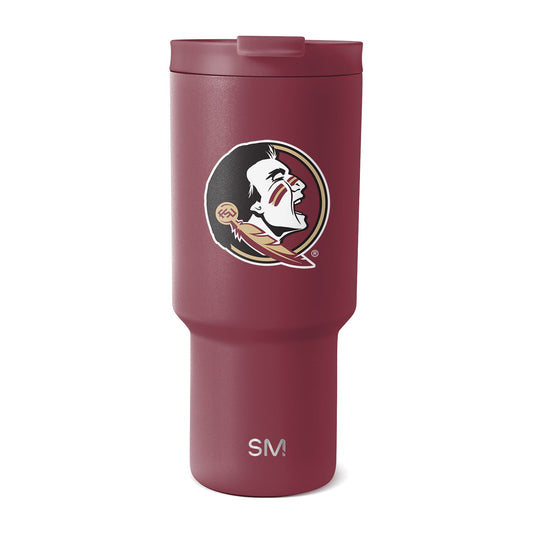 Deep burgundy matte tumbler with white, black, gold, and cream logo and text accents