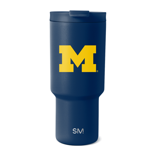 Navy blue insulated tumbler with golden yellow logo graphic