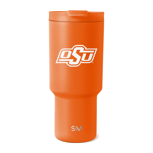 Bright orange tumbler with matching orange lid and white logo branding