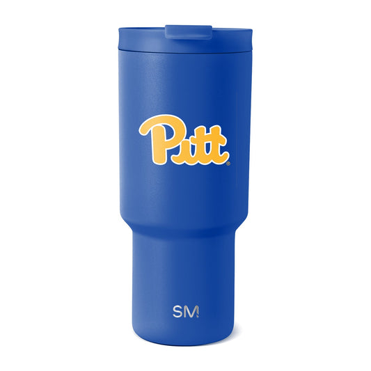 Pitt Panthers royal blue tumbler with gold and yellow logo and white SM branding