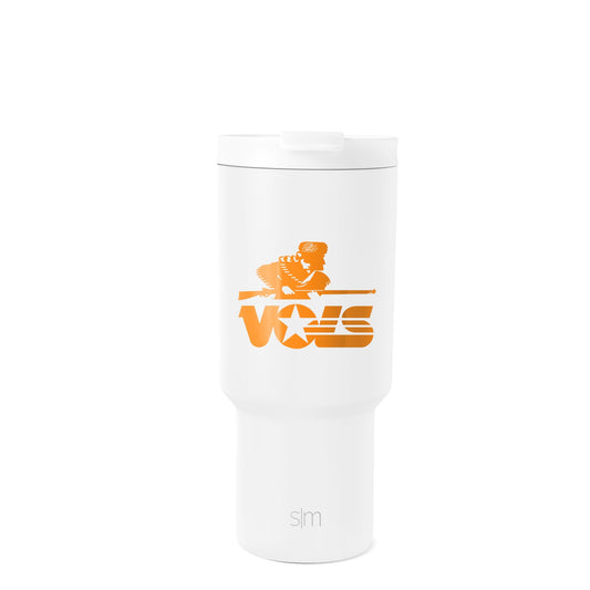 White insulated tumbler with tapered cylindrical design, white lid with lip, on gray background