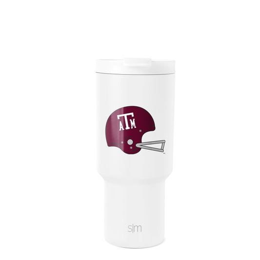 White cylindrical tumbler with deep maroon football helmet graphic on front