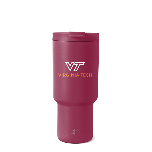 Burgundy wine-red insulated tumbler with darker burgundy cap and white and gold-orange accent details