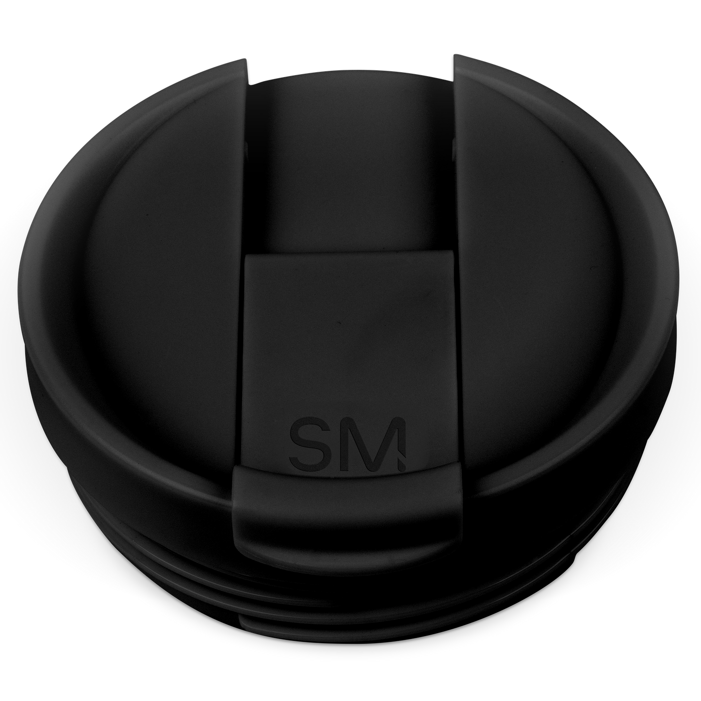 Black flip-top lid with mounting bracket for tracking device, shown from angled perspective