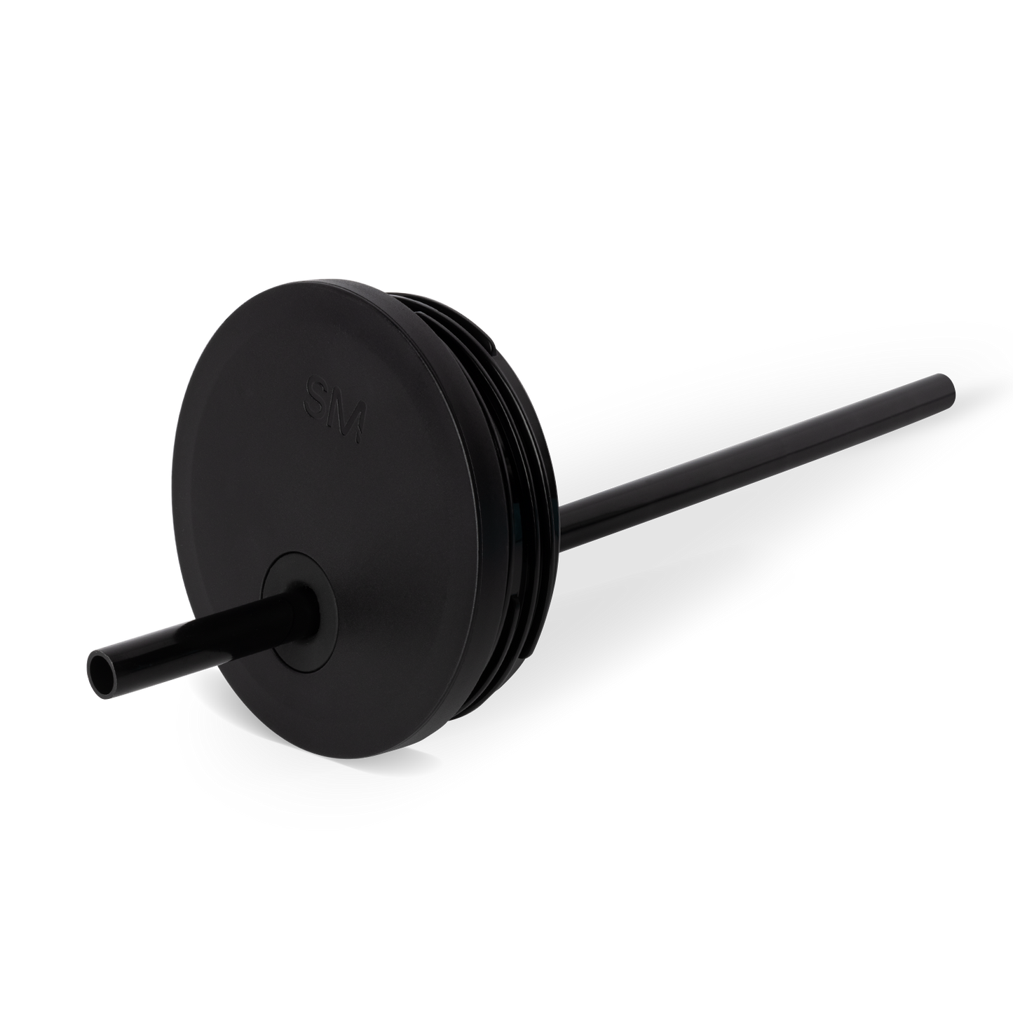 Matte black tracking lid with straight handle in medium size on white background