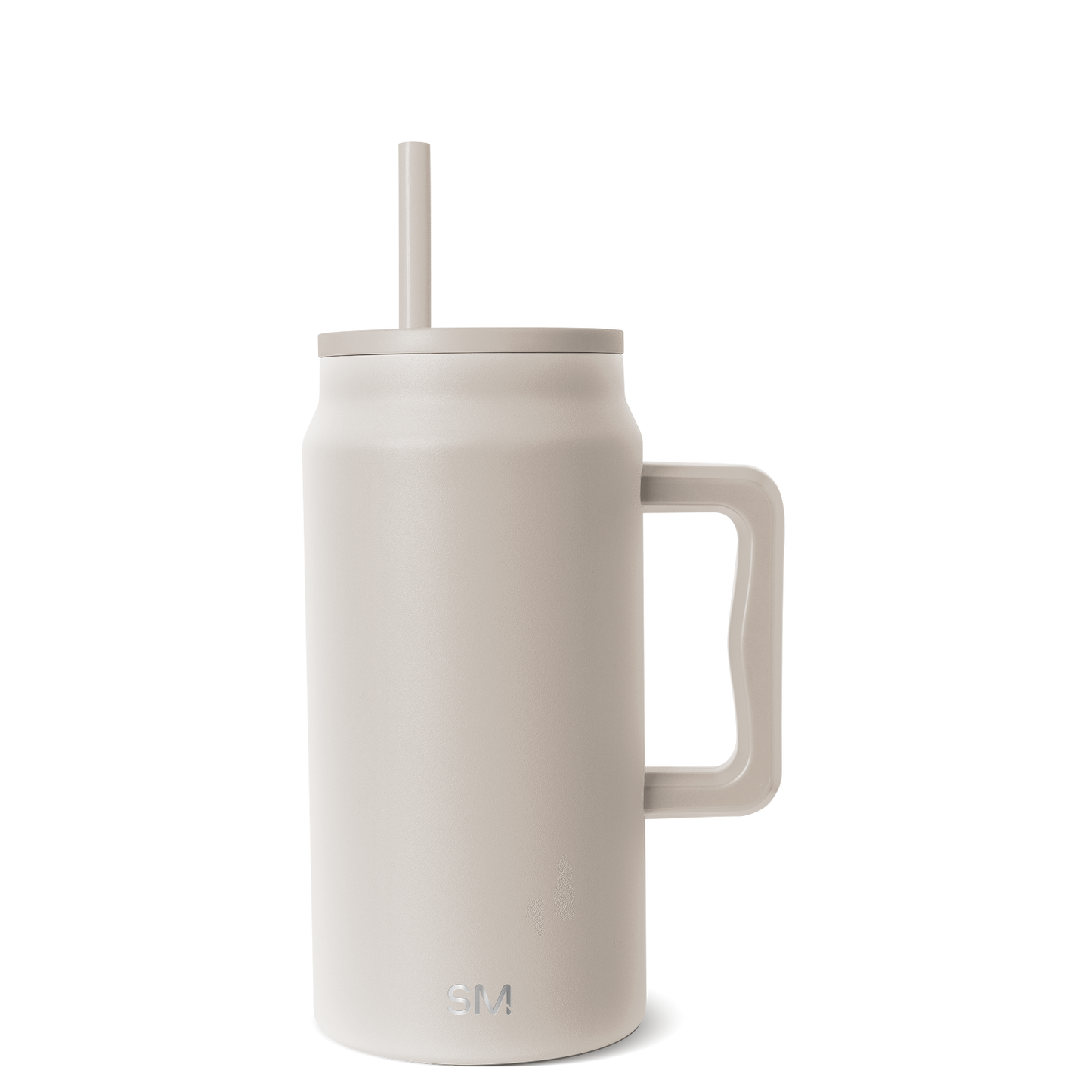 Cream-colored insulated tumbler with beige lid, handle, and matching straw